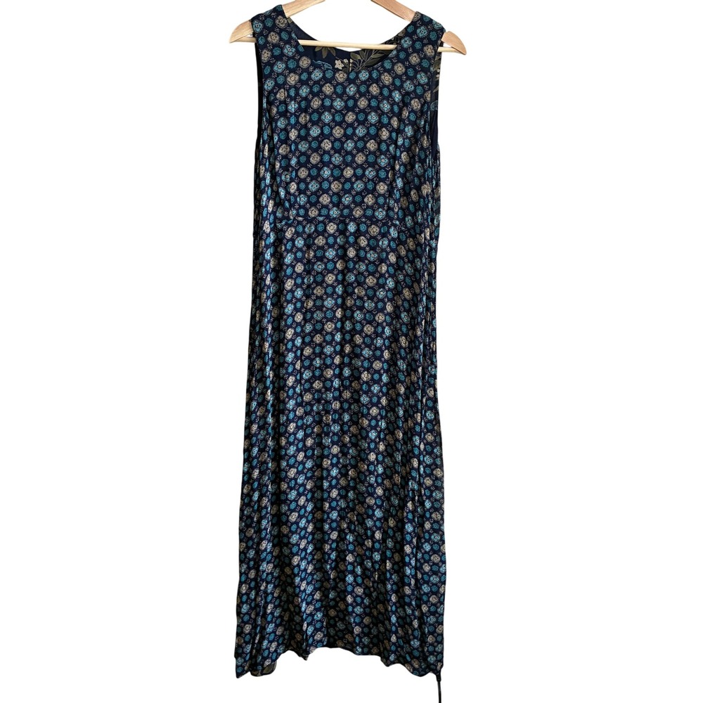 Vintage Reversible Floral Medallion Sleeveless Maxi Dress L Blue Rayon Blend